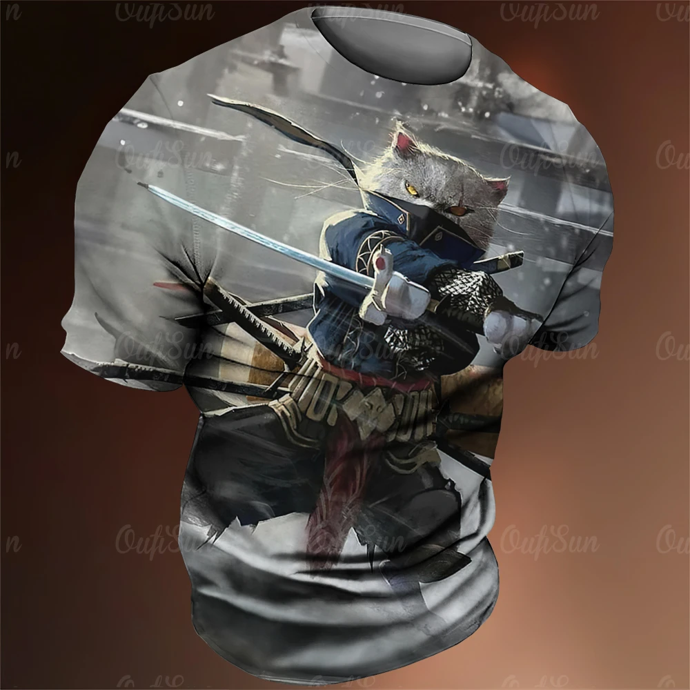 Japan Samurai Cat Graphic T Shirts Cool Classic Art Style Men's and Women's Printing Tees Fashion O-neck Short Sleeve Loose Tops