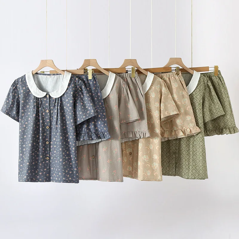 

100% Cotton Crepe Women Pajama 2025 New Summer Women's Pajama Set Turn-down Collar Short Sleeve Shorts 2 Piece Ladies Homewear