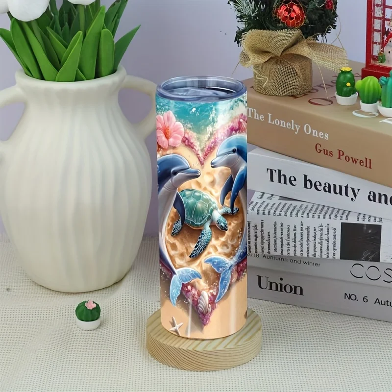 1pc 20oz Straight Cup Stainless Steel Thermal Cup Beach Romance: Dolphin, Turtle and Flower Pattern Fashionable Portable Travel Cup, Leak-proof, Vacuum Sealed, Compatible with Car Cup Holder, Suitable for Hot and Cold Drinks,