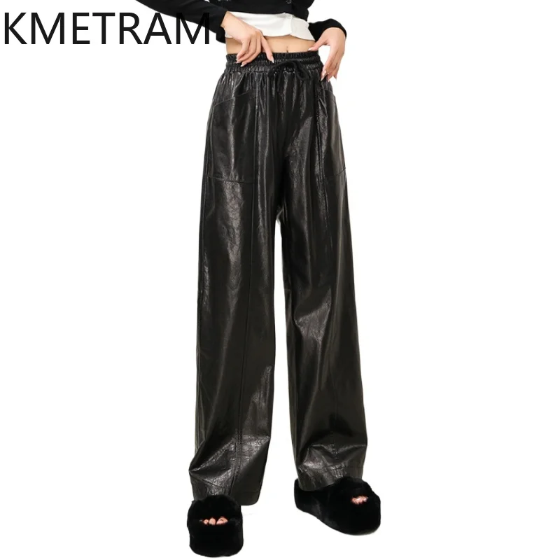 KMETRAM 100% Top Layer of cowhide Women Pants Autumn Black Pants Genuine Leather Straight Trousers Woman Clothing 2025 pantalons
