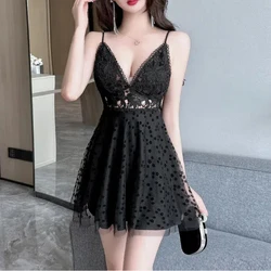 Lace Patchwork Summer Sleeveless Solid Color Women's Clothing Camisole Hook Flower Hollow Gauze Fashionable Mini Skirts Dresses
