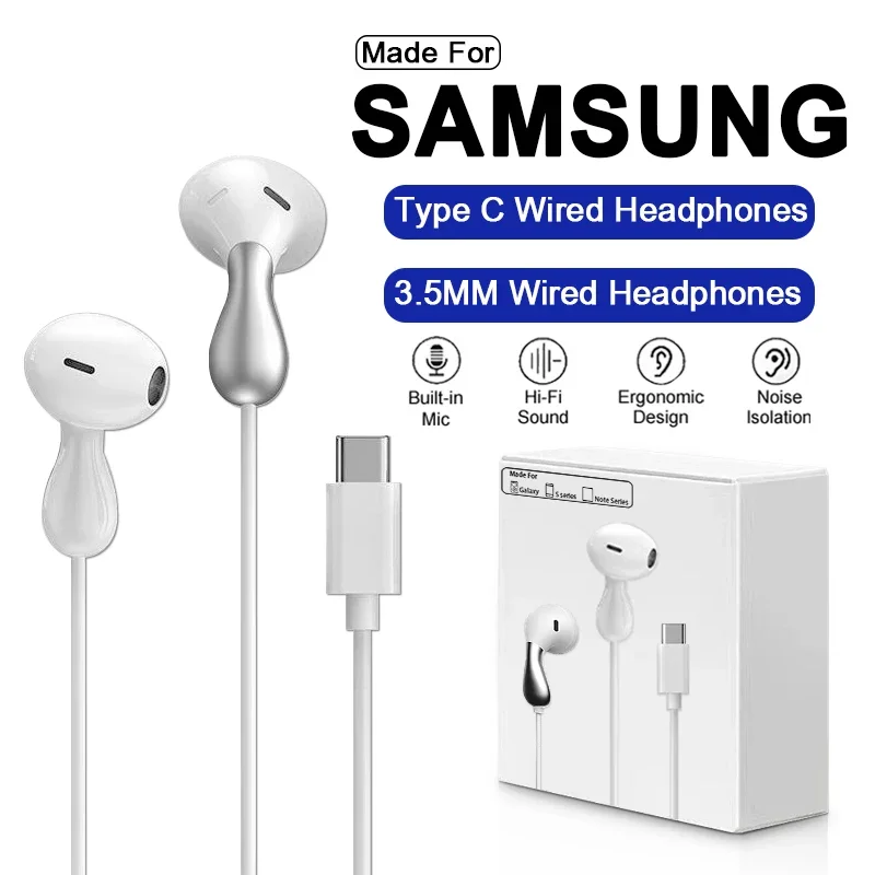 USB Type C Wired Earphone For Samsung Galaxy S25 S24 S23 S22 S21 Ultra Headphones A53 A52 A54 Note 20 3.5mm Jack Earbud Headsetk