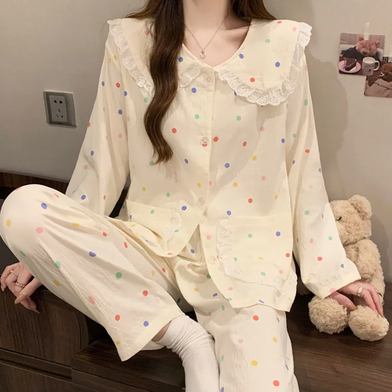 

Girls' Long-Sleeve Long Pants Pajamas with a Doll Collar, New Colorful Polka Dot Cloud Cotton Homewear Set for Spring and Autumn