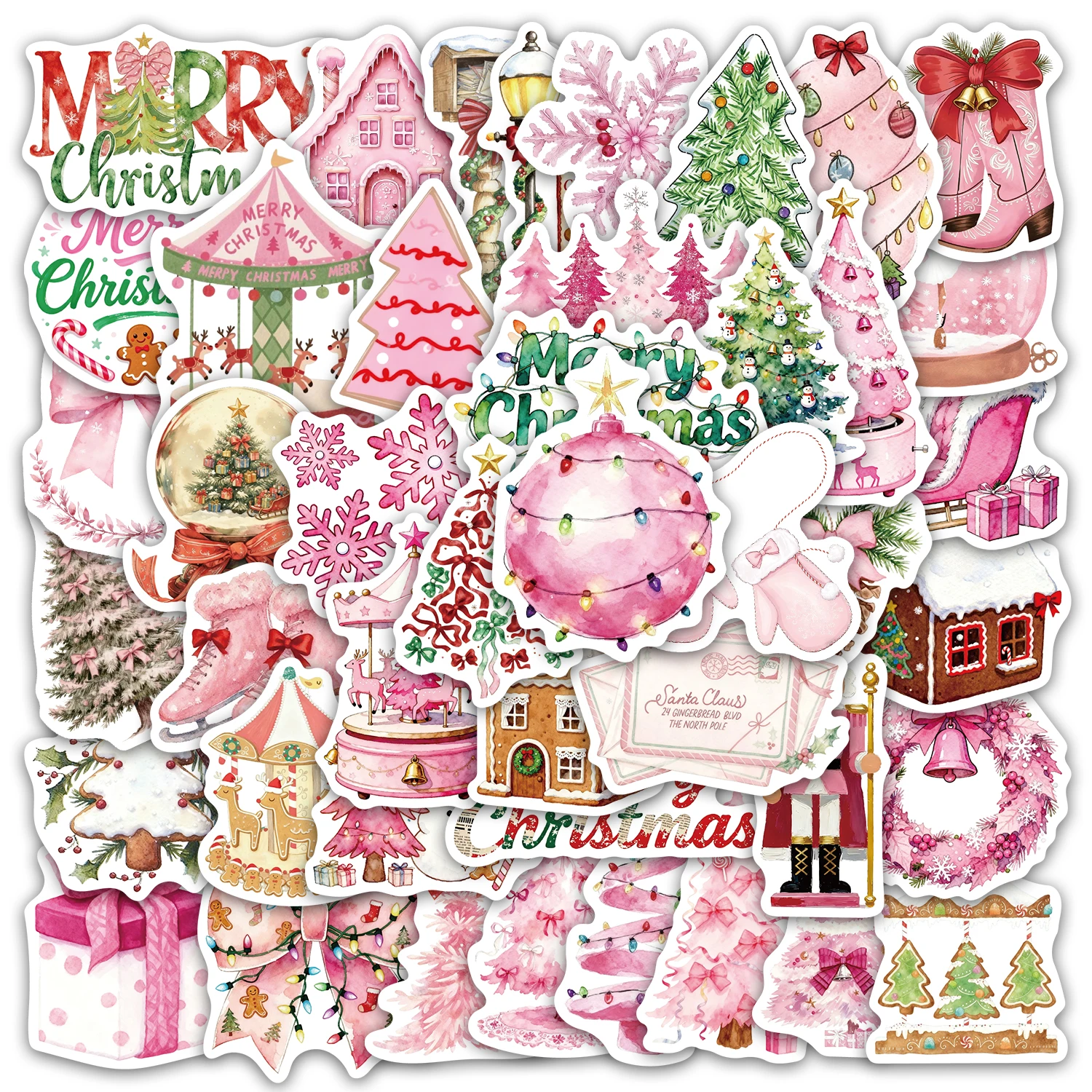 สติกเกอร์คริสต์มาสสีชมพู 50 ชิ้น สำหรับตกแต่งเคสมือถือ แล็ปท็อป กระติกน้ำร้อน ของเล่น