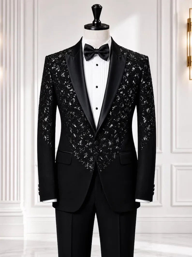 2pc Mens Exclusive Design Wedding Suit, Men's Suit, Party , Prom Tuxedo, Stone Embroidered Tuxedo