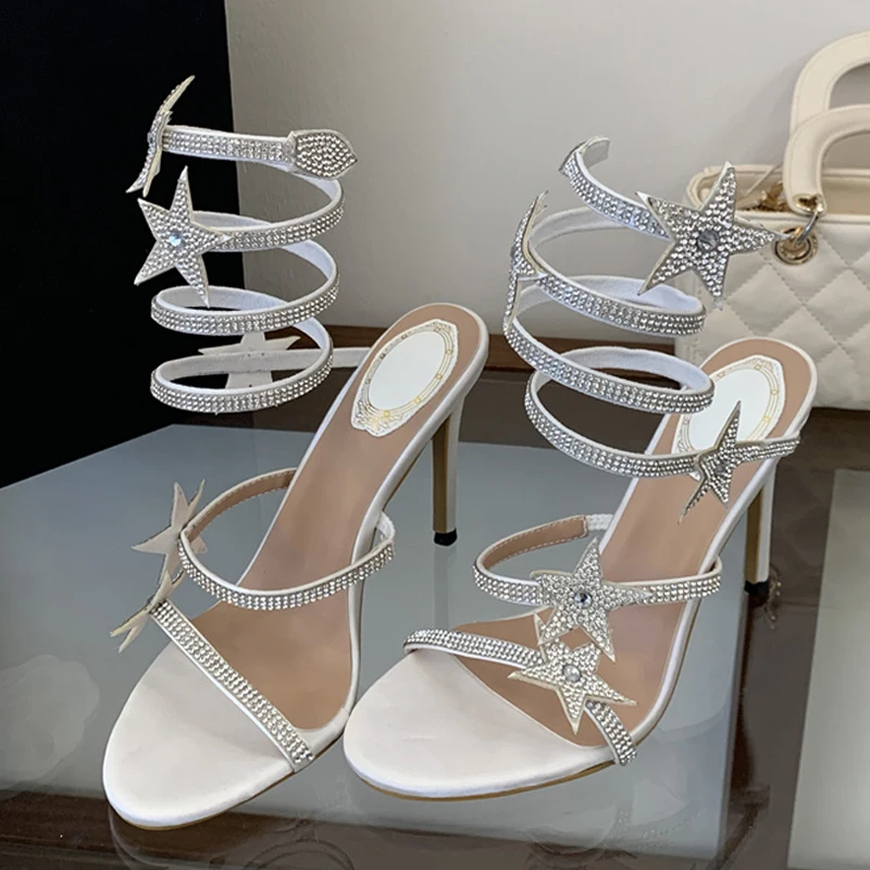 Liyke Fashion Rhinestone Pentagram Shape Ankle Strap Sandals Women Sexy Open Toe Black High Heels Stiletto Party Stripper Shoes