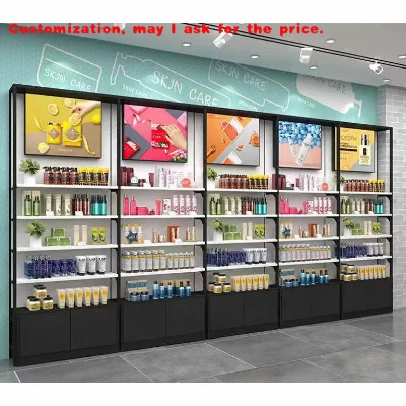 

custom.Beauty Shop Shelves Cosmetic Display Stand with Cabinet and Light Window Display Cosmetic Shelf Display Rack Customized