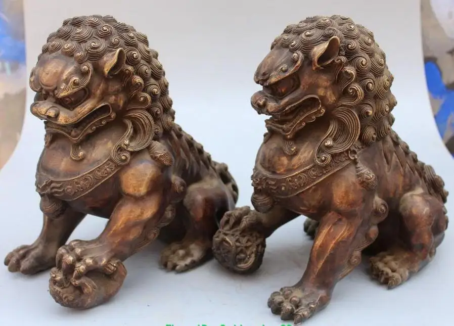 Chinese Bronze Guardian Foo Fu Dog Phylactery Door Lion Ball Kid Pair Statue,Size: Height 11.0 inch  .Long 11.0 inc