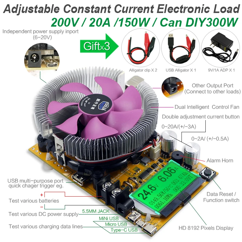 Testeur de batterie de charge électronique à courant constant réglable, compteur de capacité, décharge au lithium au plomb, USB, DC 12V, 24V, 200V, 150W