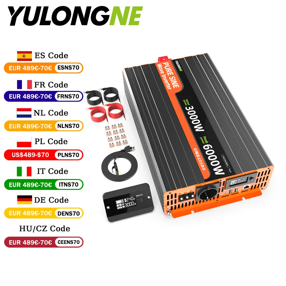 YULONGNE 2000W 2500W 3000W DC 24V zu AC Reiner Sinus-Wechselrichter Leistungswechselrichter Spitzenleistung 4000W 5000W 6000W Mit LCD-Fernbedienung EU-Schuko-Steckdose Europäisches Lager