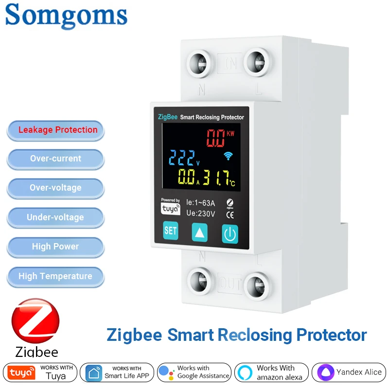 SmartLife TUYA ZigBee 2P/63A Circuit breaker Earth Leakage Over Under Voltage Protection Protector Relay Switch Energy kWh Meter 