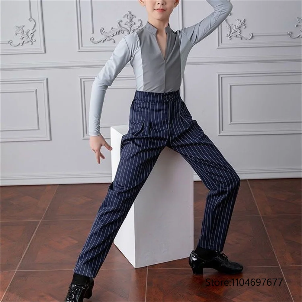 

Новый мужской костюм для латинских танцев, синие полосатые брюки для латинских танцев для мальчиков, детские брюки с завязками на талии для ча-ча/румы/самбы