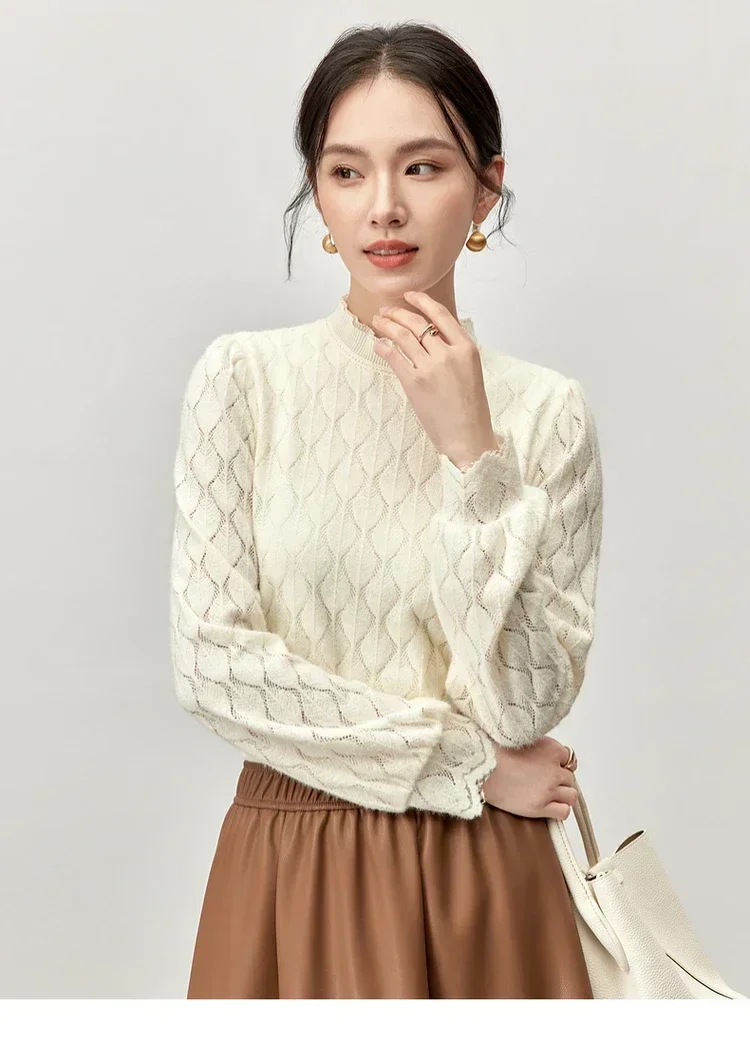 SENTUBILA Elegant Patchwork Lace Blouse for Women 2024 Winter Straight Hollow Out Ruffled Neck Solid Knit Tops Female 144S55866