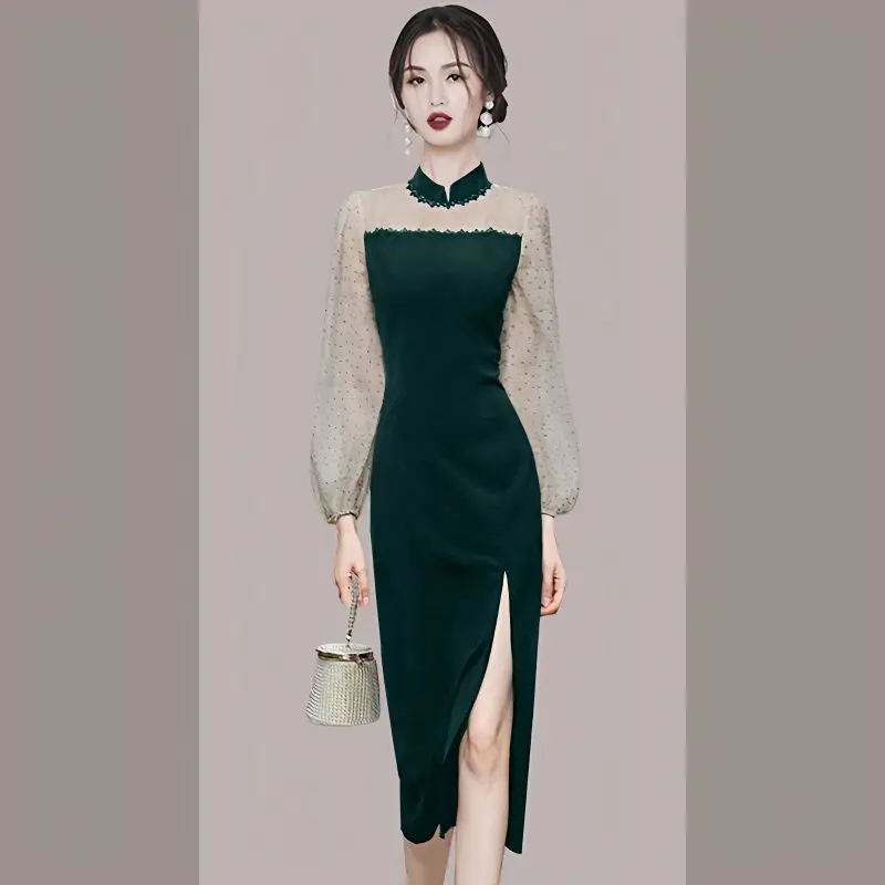 

Casual light luxury dress long sleeved female 2023 stand collar long sleeve buttocks wrapped women autumn dress female tops