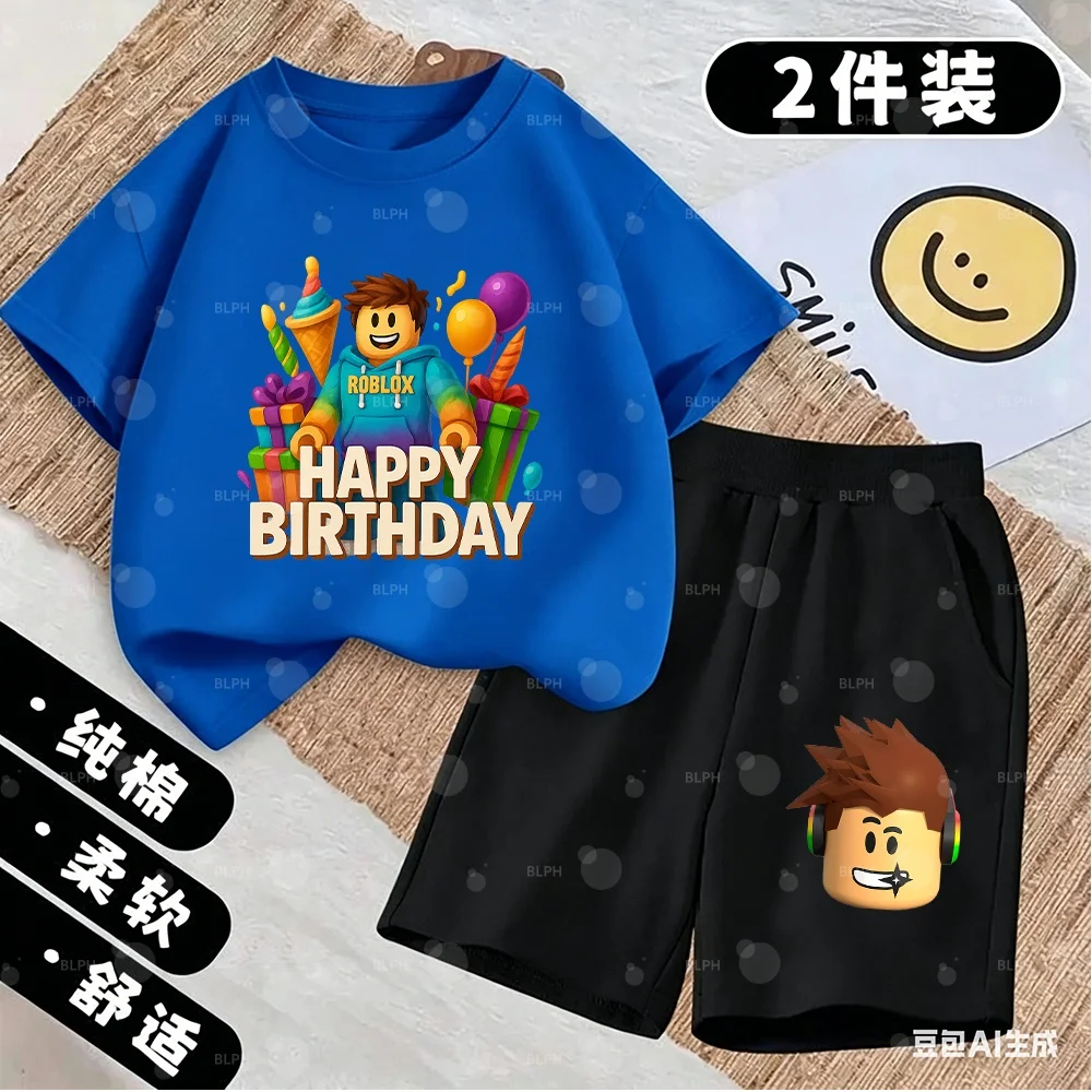 Conjunto de camiseta infantil Roblox com estampa de controle de videogame, moletom vermelho e calça xadrez, camiseta estilo gamer para meninos/meninas