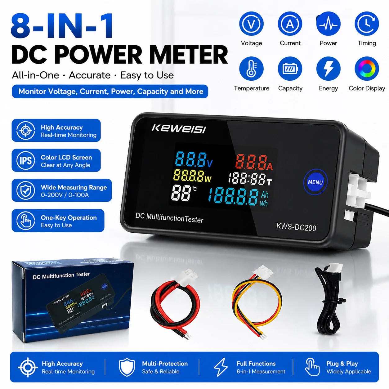 KWS DC200 DC Multifunction Tester 10A Digital Voltmeter Ammeter Power Energy Meter Voltage Current Monitor for Battery Testing