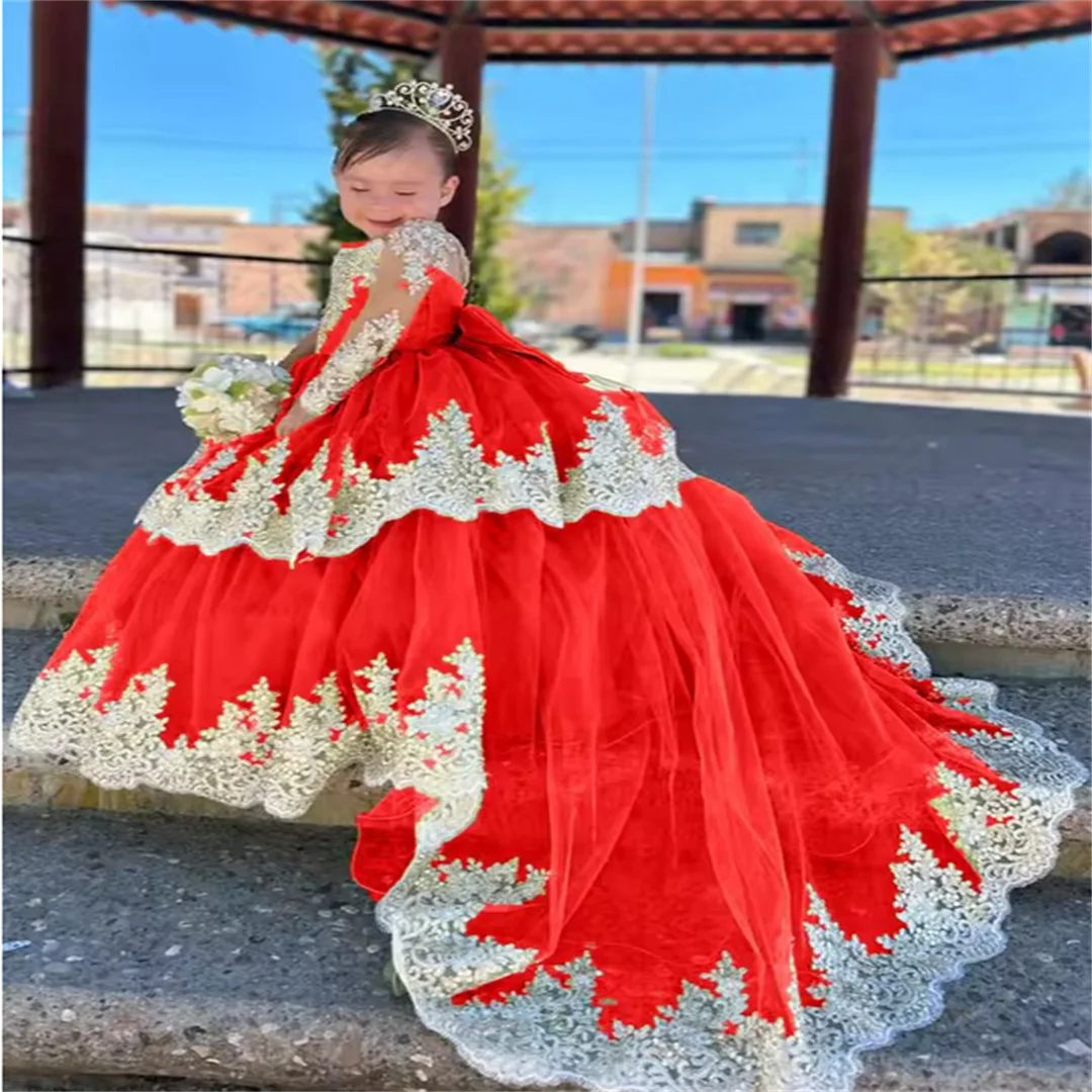 Meninas rendas manga vestidos da menina de flor com trem crianças tule em camadas pageant vestido cetim arco comunhão vestidos festa casamento