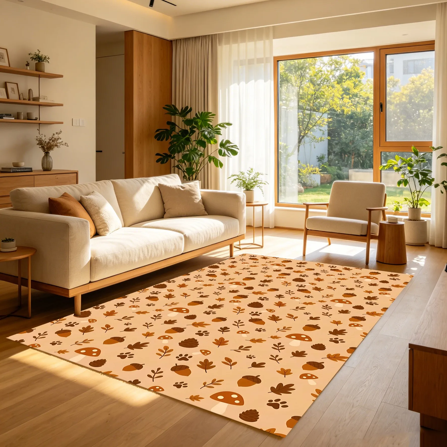 Velvet Autumn Leaf Pinecone Mushroom Pattern Warm and Soothing 2D Carpet, Suitable for Living Room, Bedroom, and Bedside, Creating a Cozy Atmosphere
