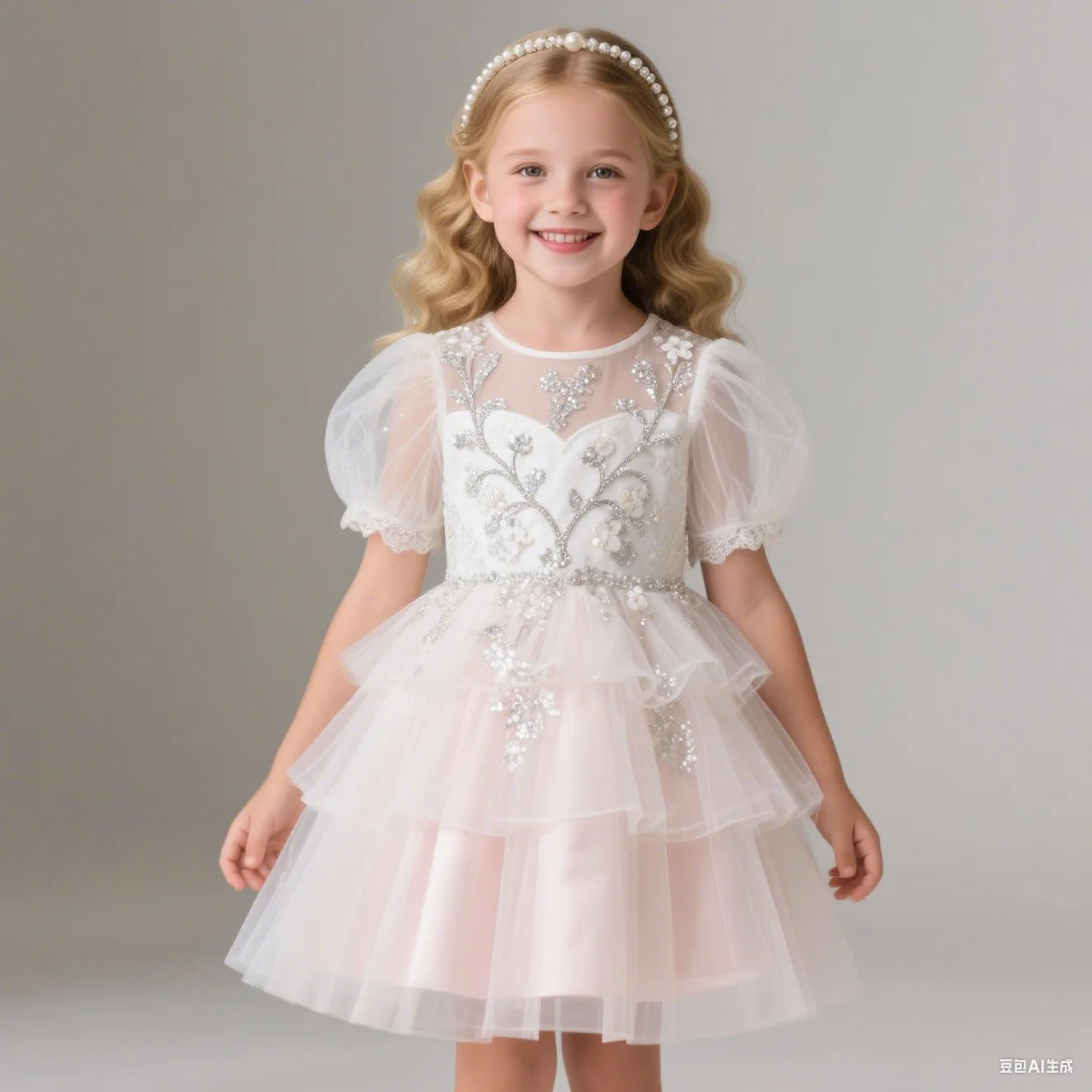 

Girls Puff Sleeve Mesh Dress Beaded Floral Embroidery Tiered Tulle Skirt Pearl Headband Formal Occasion Wedding Flower Girl Birt