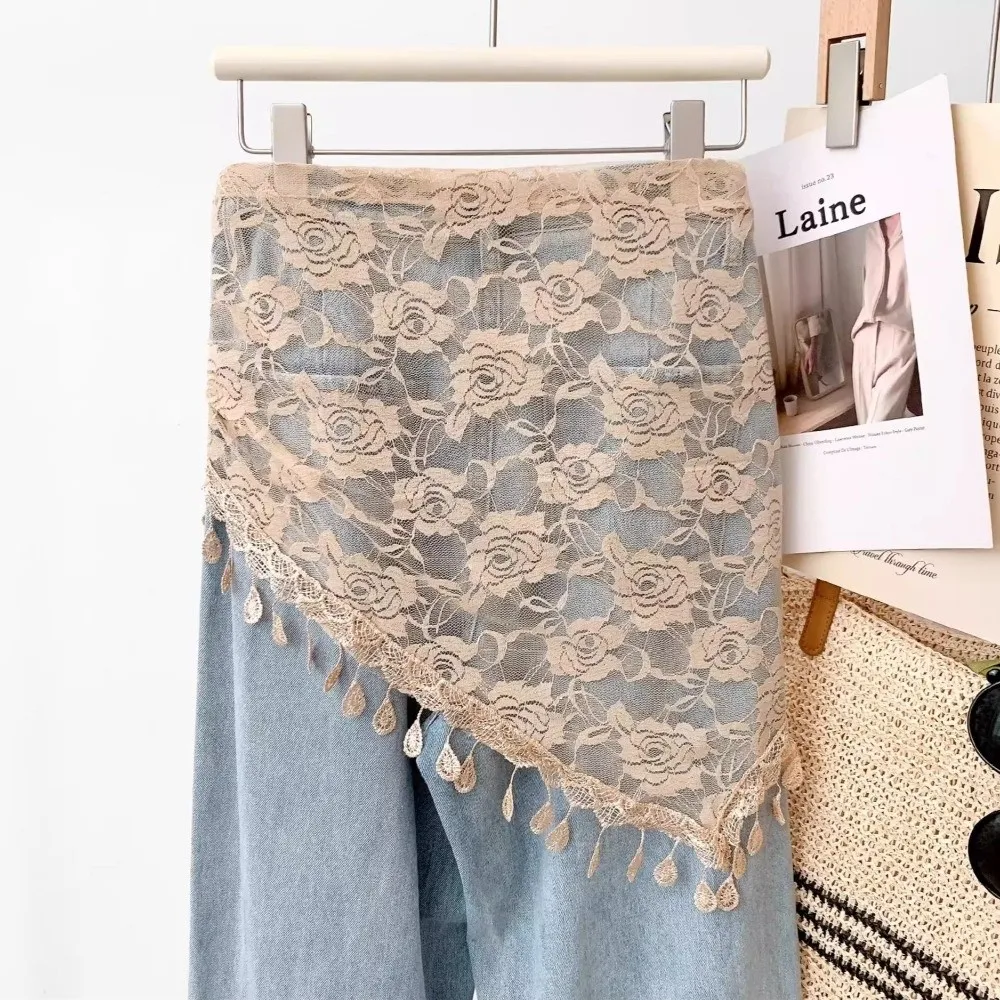 Fashion Sheer Mesh Hip Scarf Tassel Fringe Floral Print Boho Bandana Triangle Lace Waist Scarf For Women