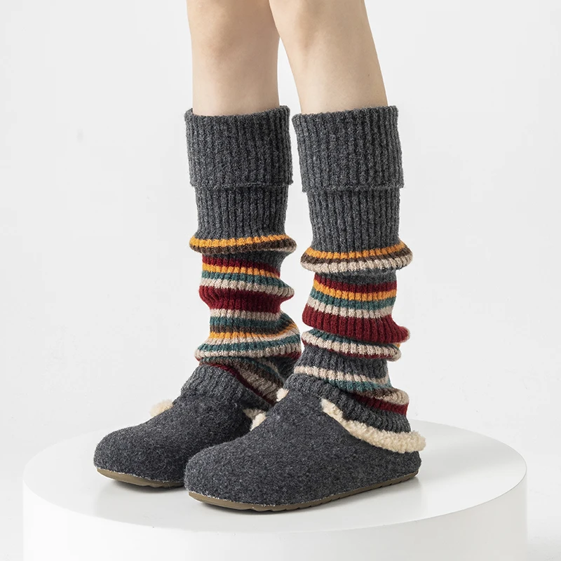 Women Leg Warmers New Fashion Japanese Style Knee Socks Warm Thick Mixed-color Striped Stockings Over the Knee High Quality Long