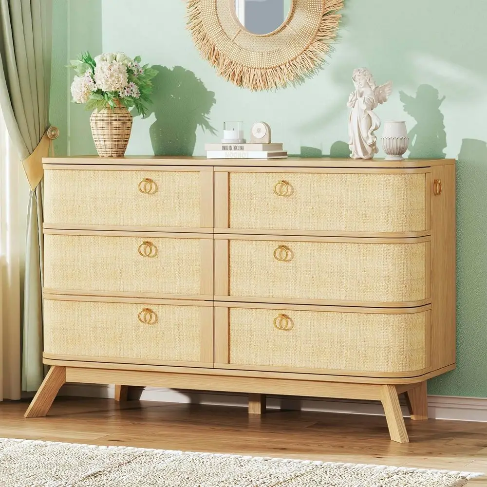 6 Drawer Rattan Dresser for Bedroom, 43'' Fluted Modern Wooden Dresser with Metal Handles & Wood Legs, Curved Profile Design, Bo