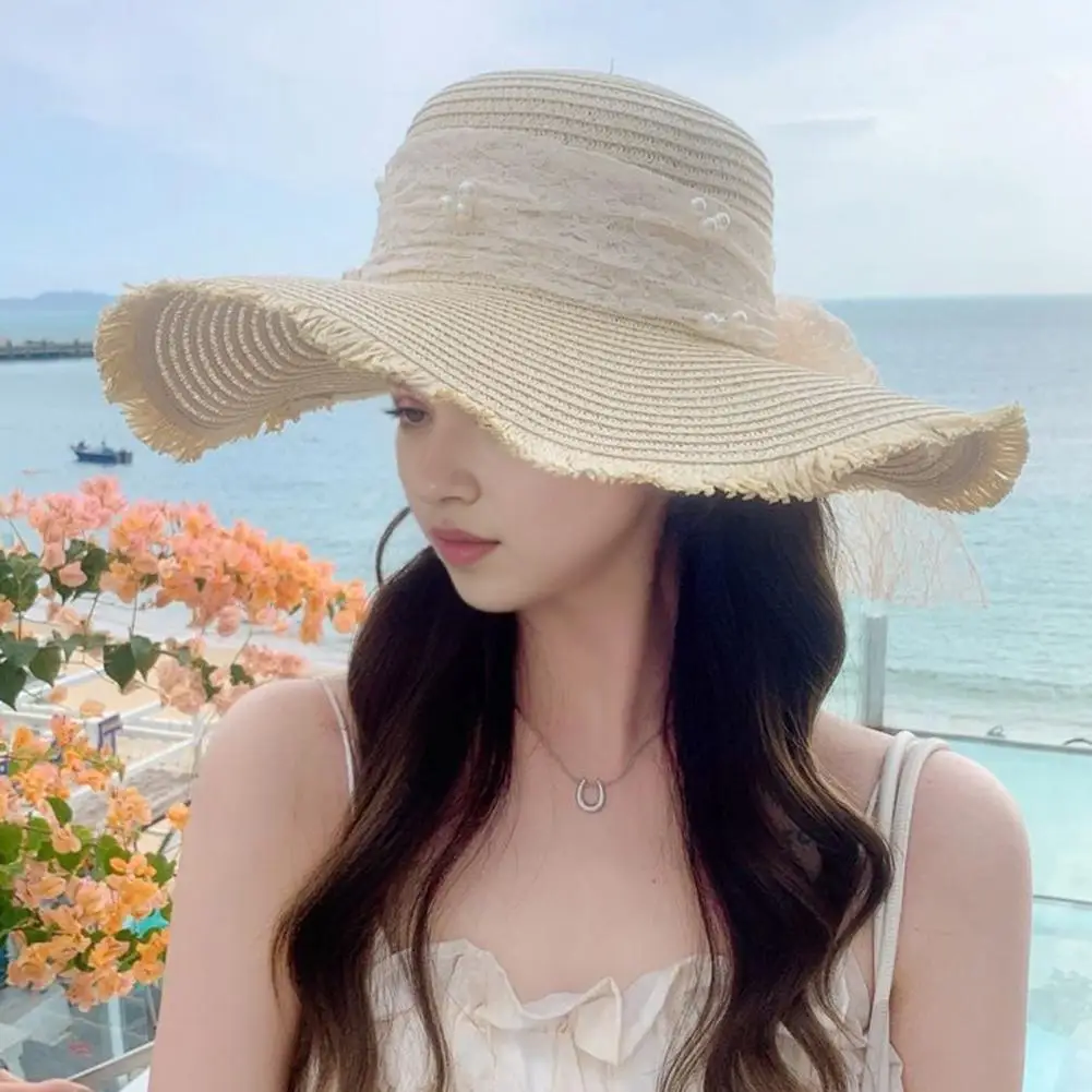 Wide Brim Sun Hat Lace Ribbon Straw Hat Stylish Women's Straw Sun Hat with Lace Bow Faux Pearl Detail for Vacation for Photo