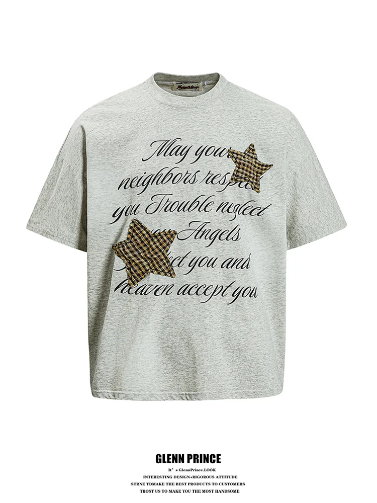 

American Retro Star Embroidery round Neck Short Sleeve T-Shirt Men Summer Loose Versatile Pure Cotton Comfortable Breathable Top