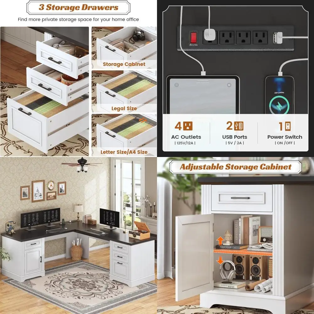 

Белый угловой офисный стол L-образной формы 69 дюймов с ящиками, системой хранения и розеткой для домашнего офиса