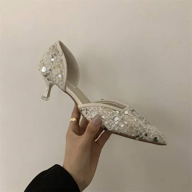 Pointed Toe Fashion Shoes 2024 Women Mid Heels Party Shoes Shallow Sexy Sandals New Elegant Mujer Stilettos luxury white heels