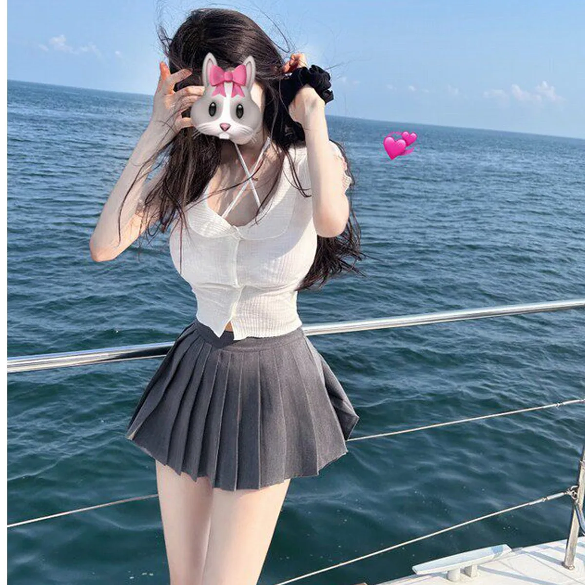 Cute Doll Collar Short Sleeve T-Shirt High Waist Pleated Skirt Set Women Sexy Slim Fit Body Shape Show off Summer Fashion