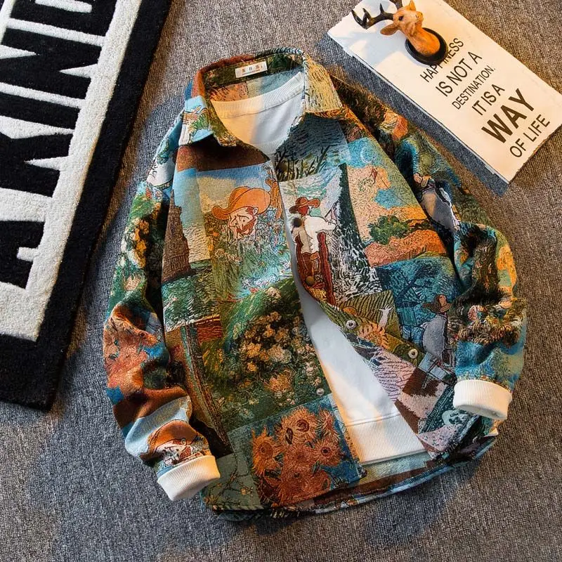 Men\'s abstract pattern long sleeved shirt men\'s autumn loose and high-end feeling handsome shirt long sleeve shirt men