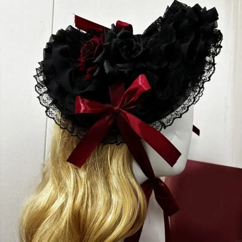 

Y3NE Elegant Lace Straw Hat With Adjustable Neck Tie and Bowknot Design Punk Theme Bonnet Hat For Women Teaparty Gathering