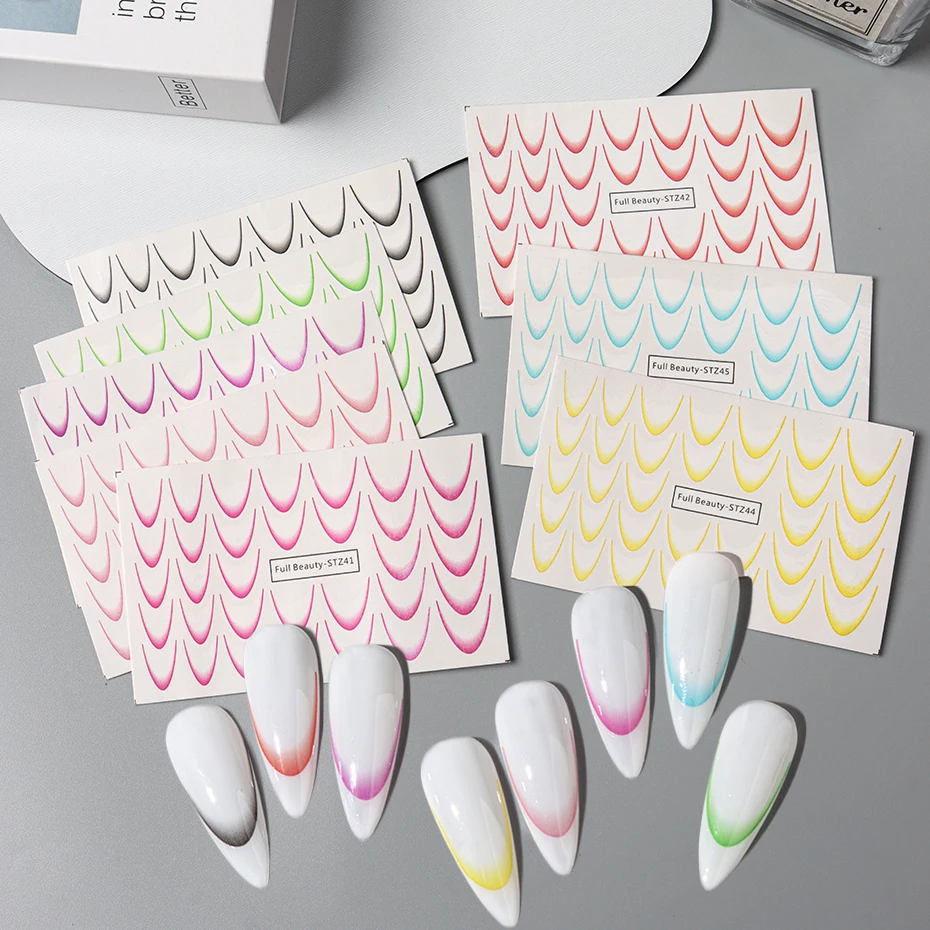 مجموعة ملصقات نقل المياه المتدرجة على شكل خط فرنسي، وردي أرجواني متعدد الألوان على شكل خط فرنسي لتزيين الأظافر بنفسك #5