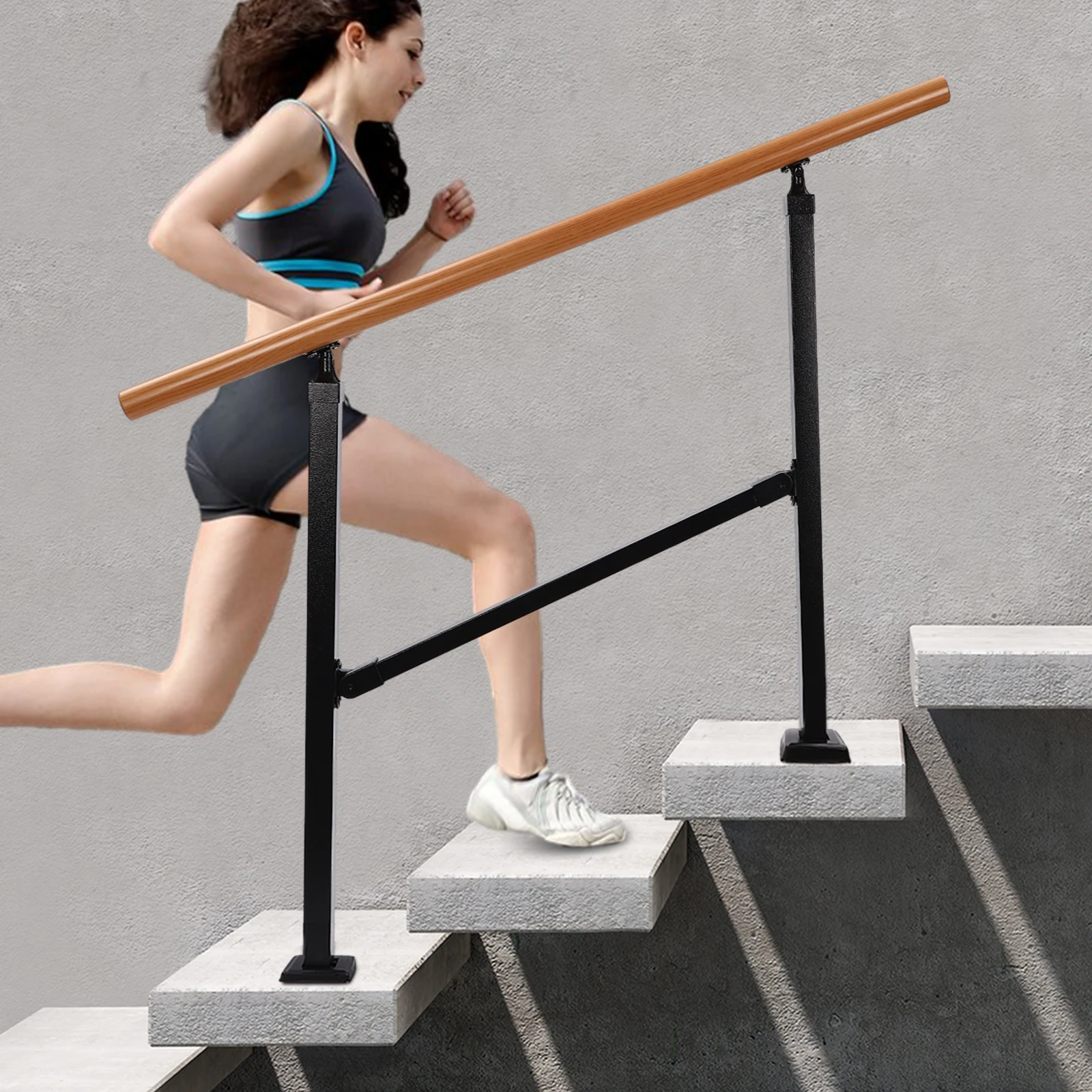 3-Step Outdoor Stair Handrail Carbon Steel 600lb Capacity - Black/Log Color Safety Railing