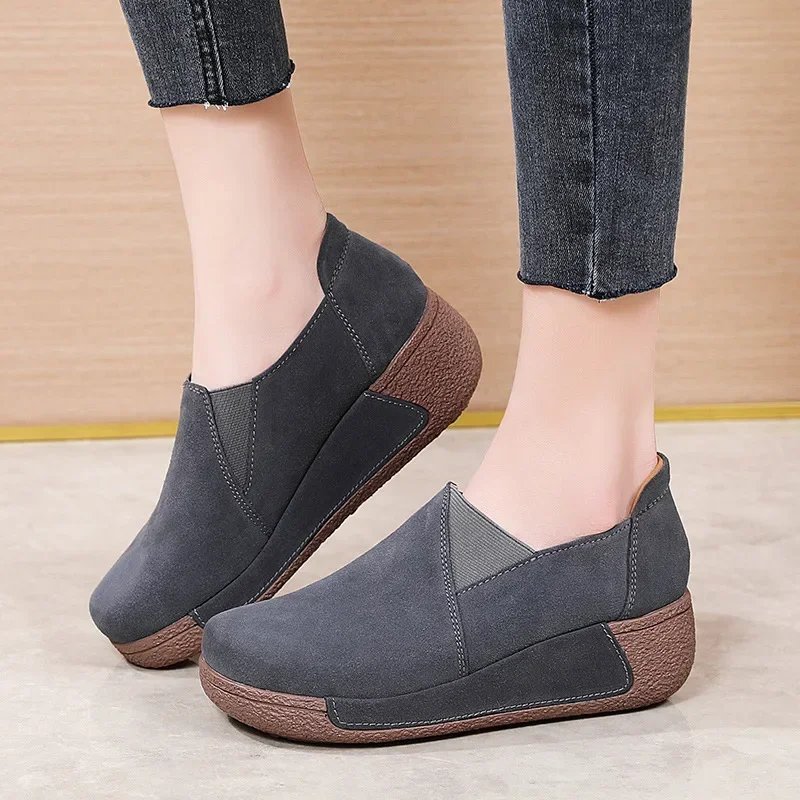 Chunky Wedge Sneakers Korean Swing Platform Shoes for Women's Vintage Frosted Suede Casual Shoes Faux Suede Ankle Boots