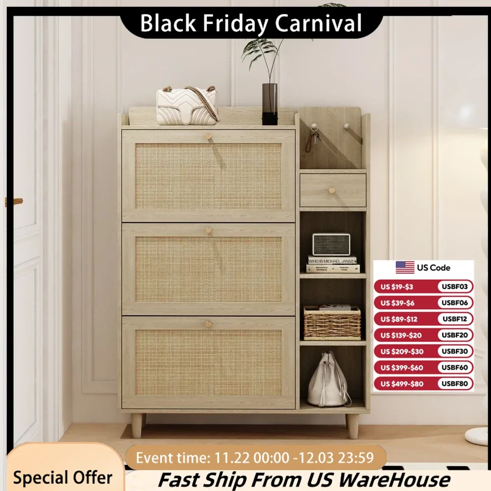 Bohemian Style Shoe Cabinet with 3 Rattan Flip Drawers, 3 Square Shelves, and 1 Storage Drawer, Featuring Mulit Storage Space