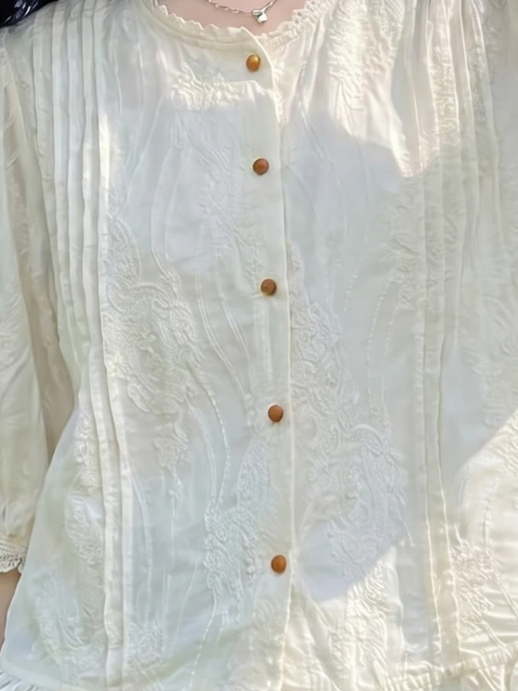 Korean Style Lace Short Sleeve Shirt Cream Color Gentle Slimming Summer Beautiful Women's T-shirt round Neck Regular Length