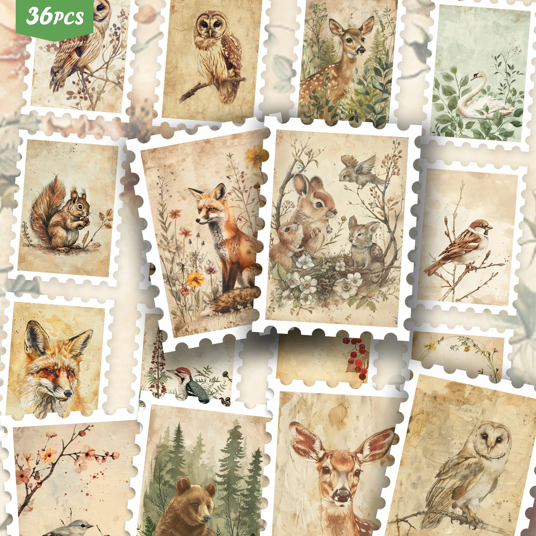 36PCS Retro Cottagecore Nature Art Stickers, Vintage Aged Paper Woodland Animal Watercolor Aesthetic Cutout Sticker Set for Jour