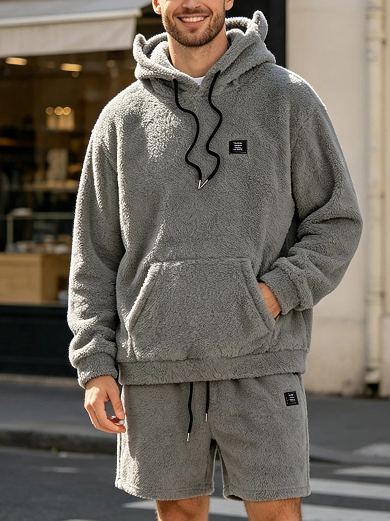 Solid Color Gray Plush Men's Two-Piece Set, Fun Ear-Shaped Hooded Drawstring Shorts, Loose and Comfortable Home-Wear Street Casual Outfit