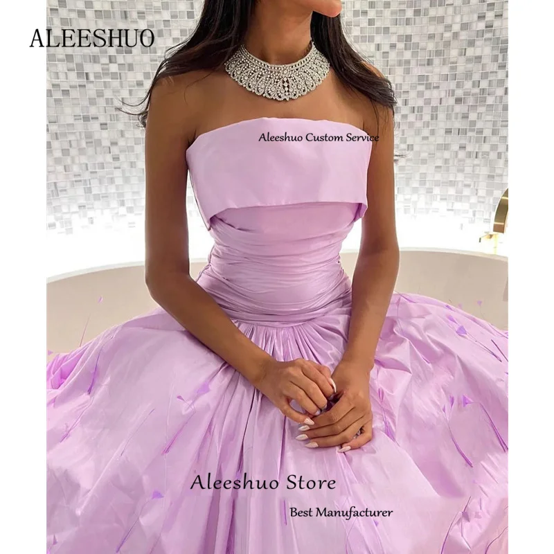 Aleeshuo Princess Satin Prom Dress A-Line Sleeveless Party Dresses Pleat Feathers Backless Strapless Party Dress вечерние пл2024