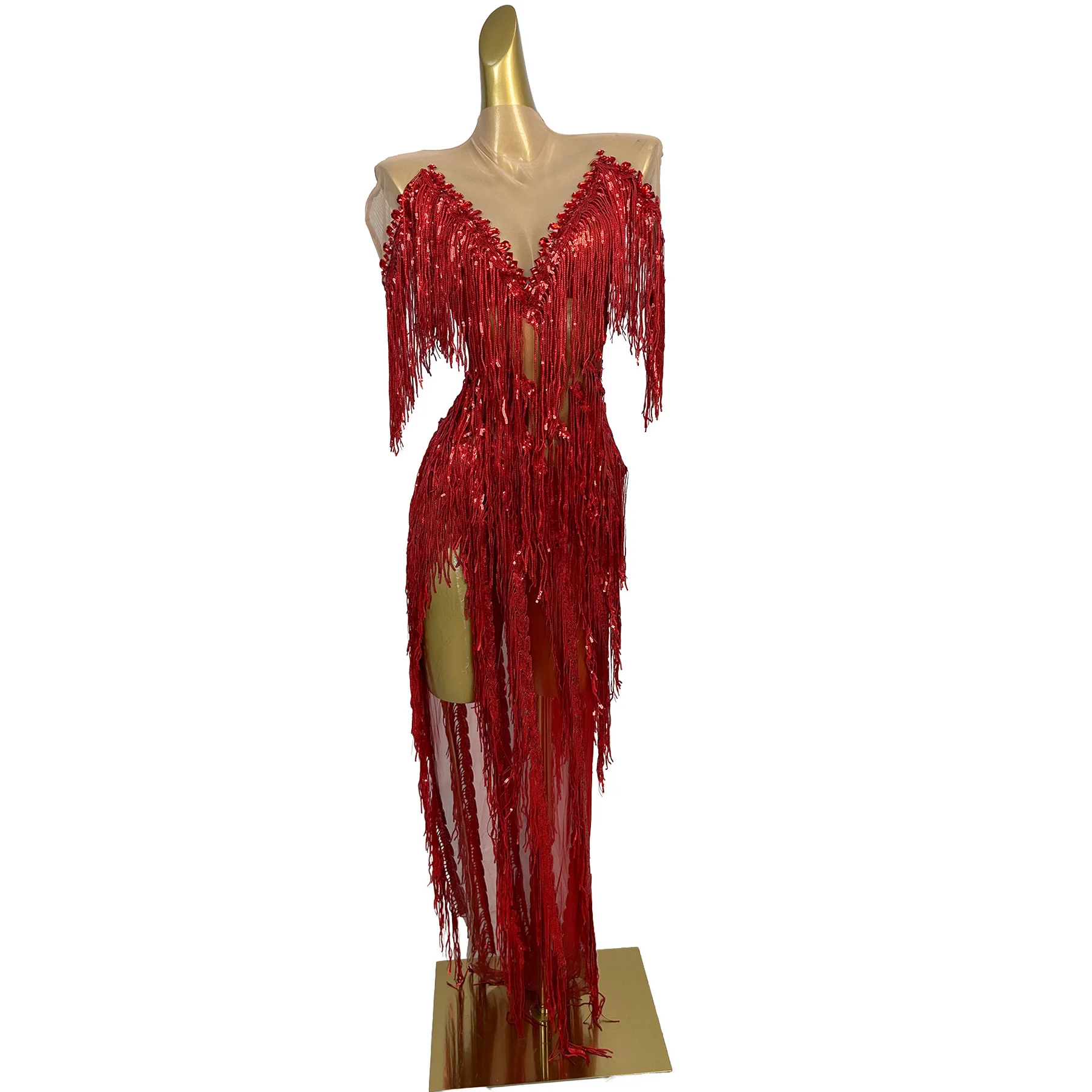 Lazhu Luxury Red Tassel Fringe Long Gown V Neck Sheer Mesh See Through Singer Stage Performance Outfit