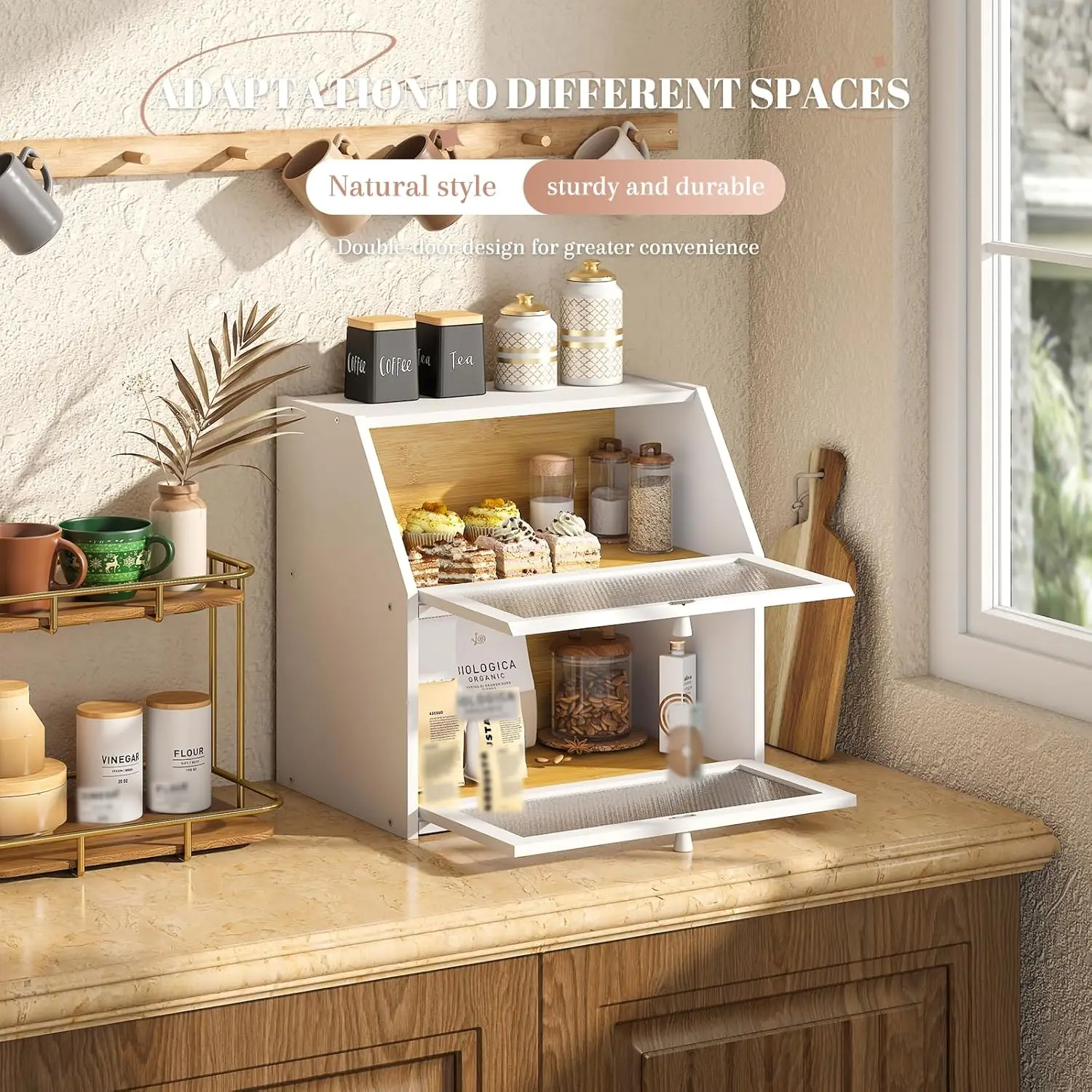 صندوق خبز كبير جدًا بطبقة مزدوجة مع نوافذ بنمط ماسي، حاوية تخزين للمطبخ باللون الأبيض