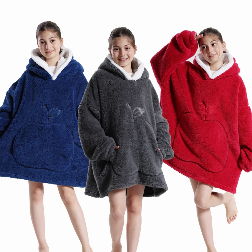 Flannel Hooded Sweatshirts Boys Girls Oversized Wearbale Blanket Winter Thicken Big Pocket Pullover Clothes for Girls 4-16 Years