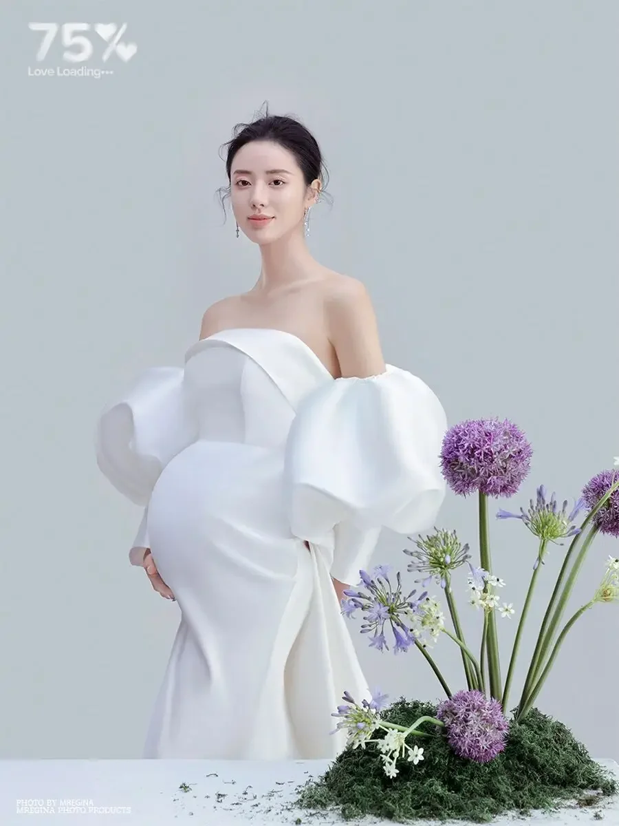  Women Photography Props White Elegant Puff Sleeves Maternity Dresses Off-shoulder Pregnancy Dress Studio Photo Shoot