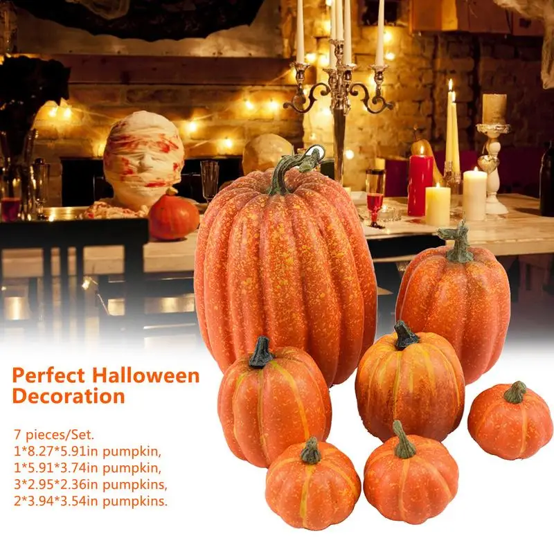 7 PCS Artificial Fake Pumpkin Thanksgiving Autum Decorative Foam Pumpkin Figurine  Realistic Fall Table Decoration For Home