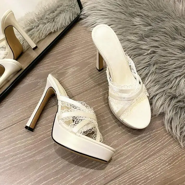 Romantic White Flower Lacework Strap Crossed High Heels Platform Slipper Woman Peep Toe Slingbacks Slide Banquet Shoes