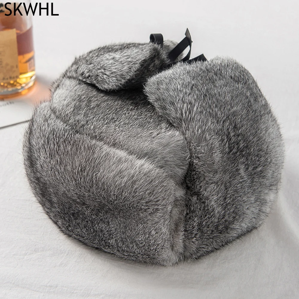 2025 Hot Sell Male Winter Outdoor Real Rabbit Fur Bomber Hat Men Warm Fluffy 100% Natural Rabbit Fur Caps Unisex Genuine Fur Cap