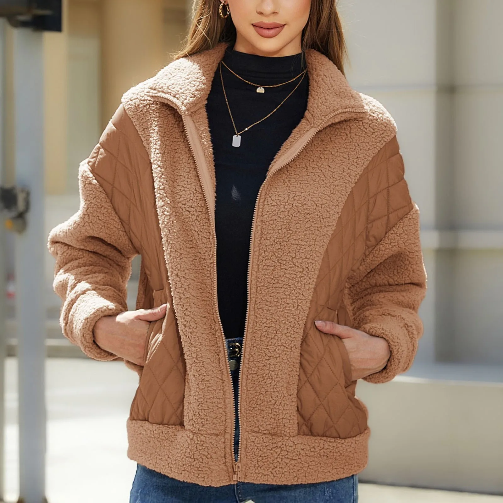 

Autumn And Winter New Ladies Parkas Fashionable Long Sleeved Cardigan Turn Down Collar Zipper Up Splicing Women's Jackets Coats