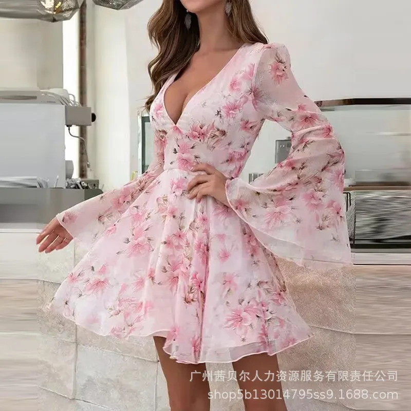 New Light Pink Floral Horn-sleeved Deep V Waist Dress for Women